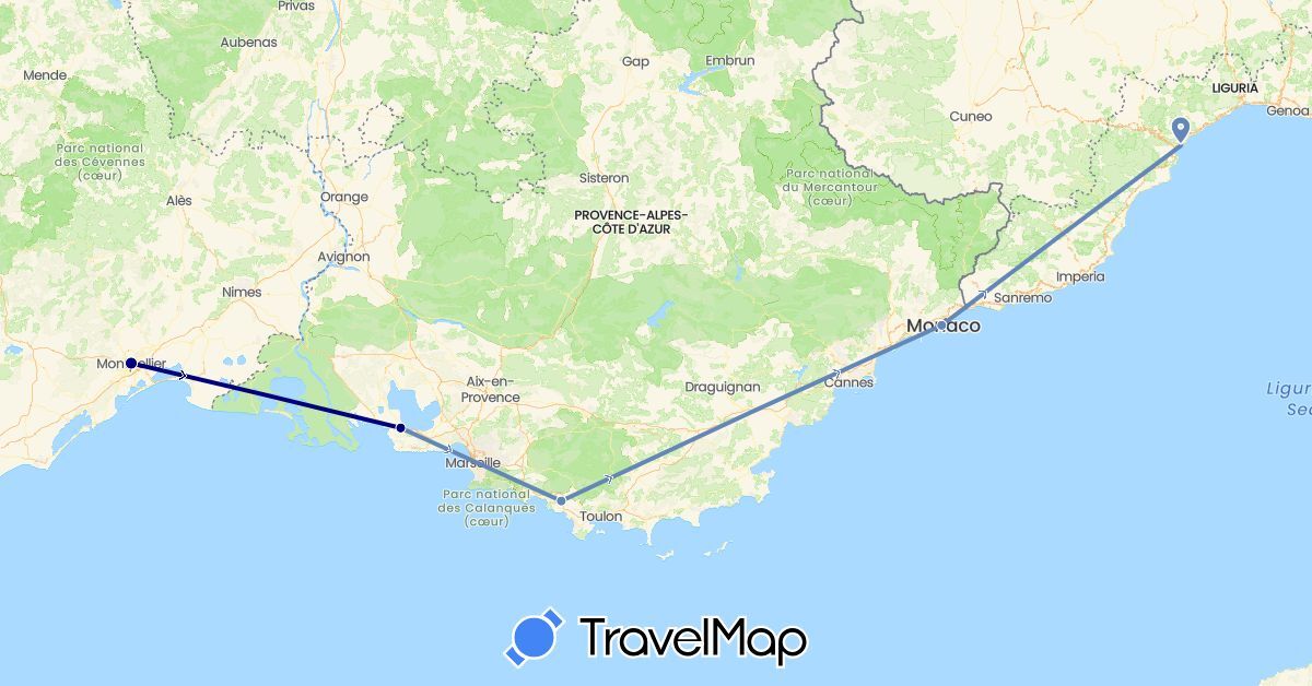 TravelMap itinerary: driving, cycling in France, Italy, Monaco (Europe)